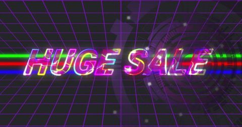Retro neon huge sale glowing rgb glitch over purple grid for synthwave promotion