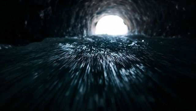 Rushing dark water streaming through narrow rocky tunnel toward blinding light exit