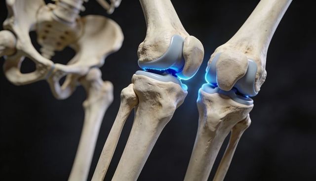 Knee joint anatomy showing distal femur and proximal tibia with glowing cartilage overlays