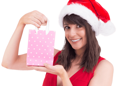 festive brunette holding holiday polka dot gift bag transparent background - Download Free Stock Videos Pikwizard.com