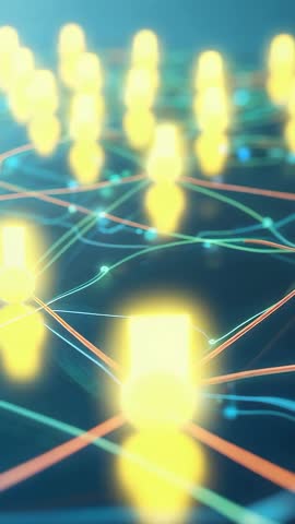 Vertical neon network connecting glowing markers on digital grid for futuristic tech visuals