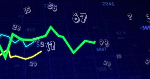 Tracking neon green trend line on dark blue grid with glowing numeric overlays
