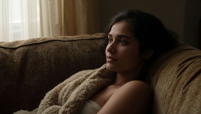 Reclining woman wrapped in cozy beige throw on brown sofa gazing toward window light