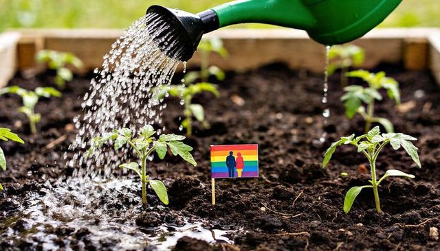 Green watering can nourishing seedlings with rainbow pride flag in raised garden bed