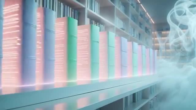 Futuristic Library of Glowing Pastel Books in Ethereal Atmosphere