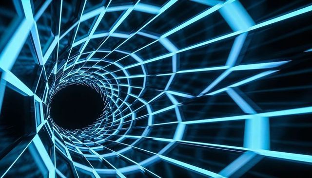 Spiraling neon lattice drawing eye into futuristic cyan-blue vortex tunnel