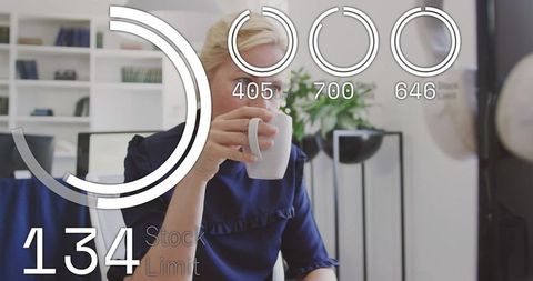Sipping coffee at desk with futuristic ui overlays and analytics hud, professional woman in modern o