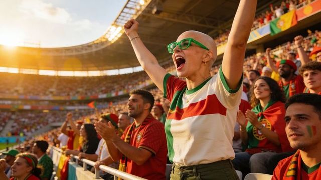 Cheering bald fan in green glasses and striped tee celebrating in arena at golden hour