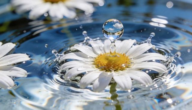 White daisy floating on water with droplet column and blue sky reflection, macro
