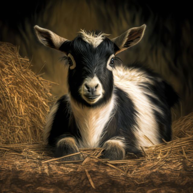A charming black and white goat is seen lounging peacefully on a bed of hay, creating a rustic and tranquil vibe. This image can be used for themes related to agriculture, livestock, rural lifestyle, farming blogs, and children's educational materials about farm animals.