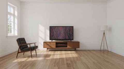 Minimalist living room with wooden console and static tv