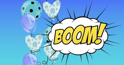 Comic Style Boom Explosion with Floating Balloons