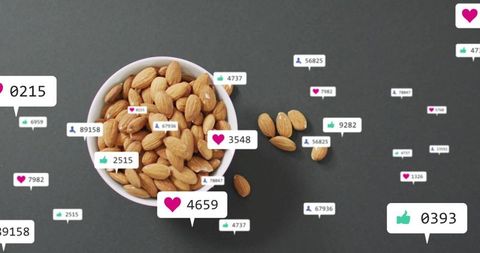 Almond Bowl with Social Media Engagement Icons on Grey Background