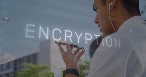 Businessman Speaking into Smartphone with Wired Earbuds and Encryption Overlay in City