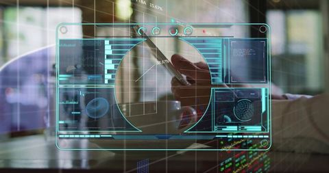 Businessman Interacting with Holographic Display in Café