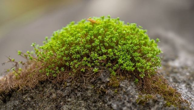 Cushion moss growing on weathered rock macro closeup green texture natural detail