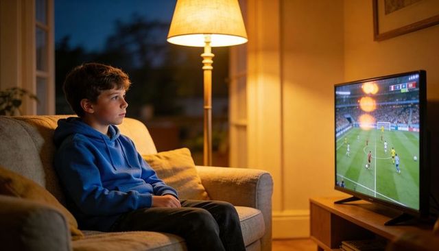 Boy watching soccer match on tv in cozy living room at dusk