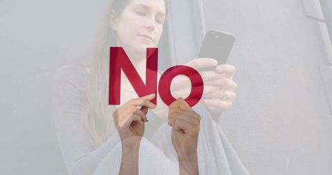 Introspective Woman Reflecting with Smartphone and Floating 'No' Text