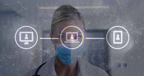Masked clinician wearing lab coat and stethoscope with telemedicine hud connectivity overlay