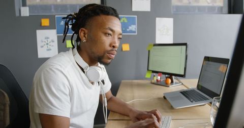 Focused african american professional working in modern office