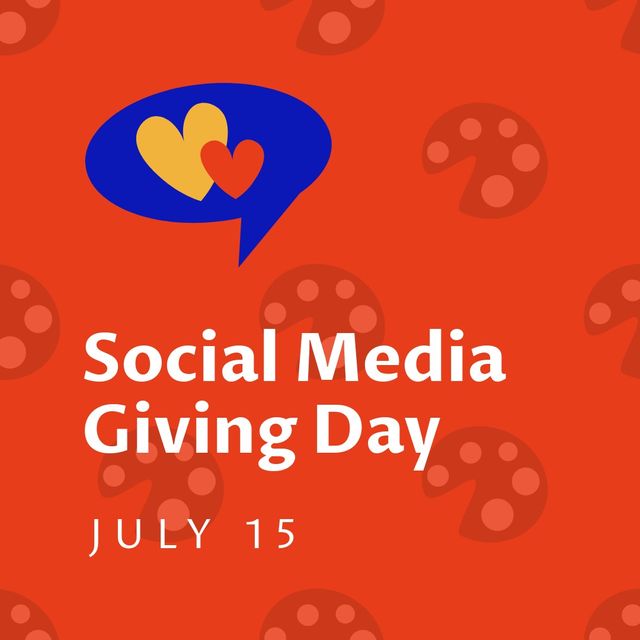 Illustration promoting Social Media Giving Day on July 15 with heart shapes and a red pattern background. Perfect for social media posts, blog articles, and online campaigns to raise awareness about charitable giving and encourage donations through digital platforms.