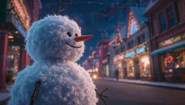 Cheerful snowman on festive christmas street at night