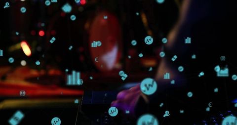 Dj mixing on club stage with digital data overlays, controller closeup and analytics