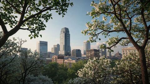 Charlotte urban skyline catches first spring layers of framing blossoms and skyscrapers