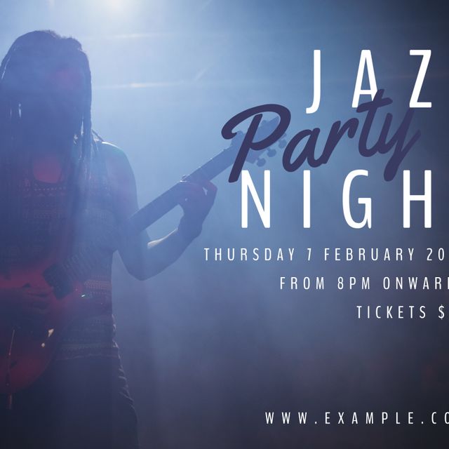 Image featuring a silhouetted musician playing guitar, showcasing live jazz concert energy with vibrant stage lighting. Ideal for promoting jazz events, music festivals, concert advertisements, and artist performances. Suitable for banners, posters, social media promotions, and event flyers.