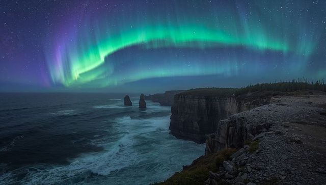 Aurora borealis arching over rugged sea cliffs and sea stacks under starry northern sky