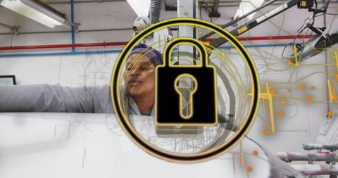 Factory Worker Inspecting White Roll on Conveyor with Digital Padlock Overlay