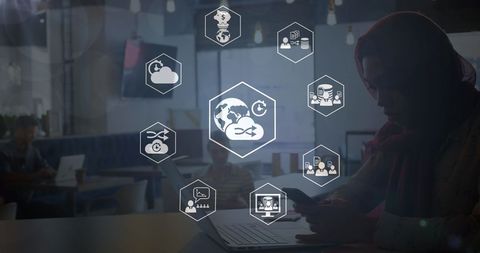 Woman Using Smartphone Surrounded by Technology Icons Illustrating Connectivity - Download Free Stock Images Pikwizard.com