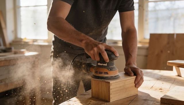 Carpenter Sanding Wooden Box with Orbital Sander in Sunlit Workshop