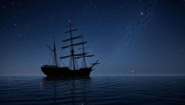 Silhouetted sailing ship under starry night sky at sea