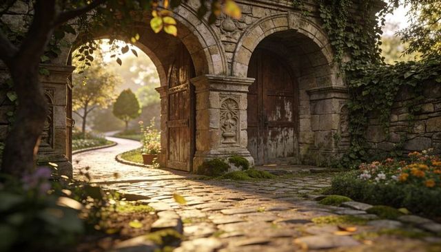 Sunlit stone gateway bathing cobblestone path through ivy-covered arched wooden gate