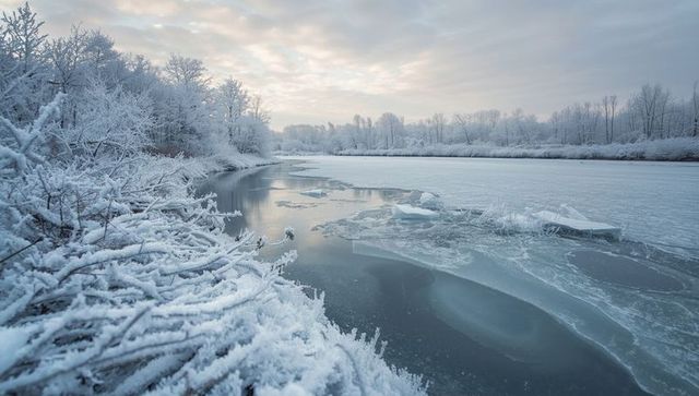 Frozen river and frost-covered trees in serene winter landscape