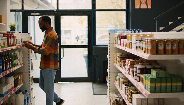 Man reading label in grocery aisle selecting condiment jar while shopping