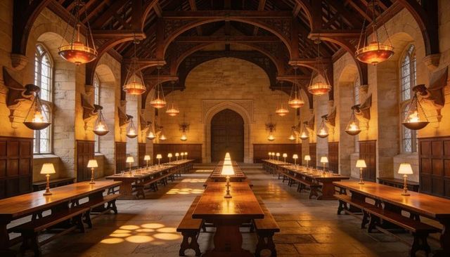 Medieval great hall, long trestle tables leading to arched stone doorway, chandeliers