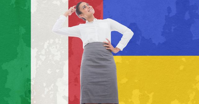 Image depicts a thoughtful professional businesswoman standing against a background combining the Italian and Ukrainian flags. Useful for topics on international relations, diplomacy, global crisis management, and cultural analysis. Ideal for articles, presentations, or promotional materials related to Ukraine crisis and international business discussions.