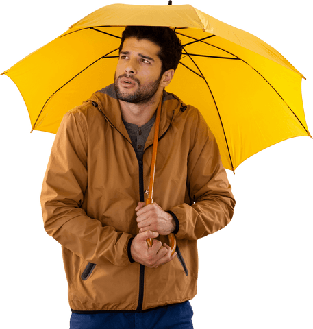 Transparent background of man holding yellow umbrella