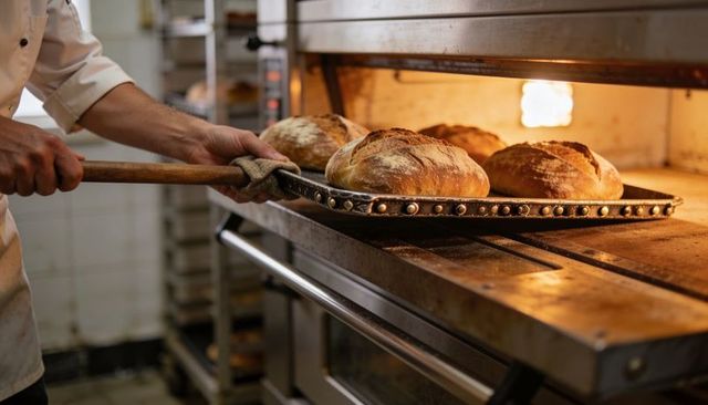 Baker pulling tray of artisan sourdough loaves from glowing commercial deck oven