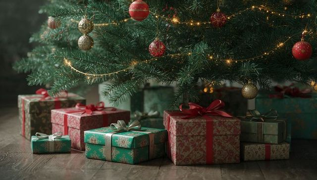 Christmas tree and elegant holiday wrapped gifts with led and baubles