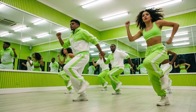 Neon green dance troupe leading energetic choreography in mirrored studio class