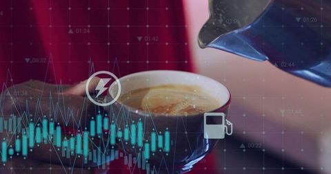 Close-up pouring coffee into mug with crema, hand in red sleeve and finance data overlay