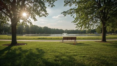 Serene park pond with fountain under sunlight