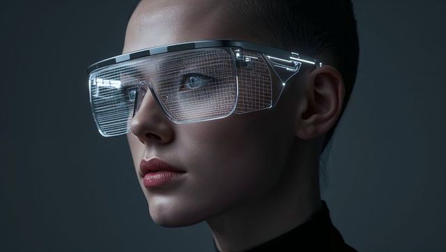 Female model wearing ar visor high-collar black top gazing left futuristic fashion tech