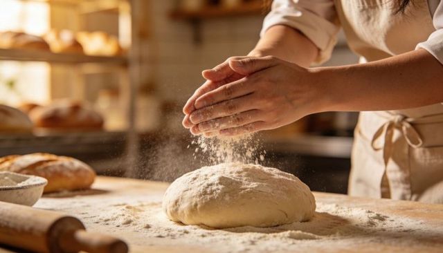 Hands sprinkling flour over dough in rustic artisan bakery, bread making close-up