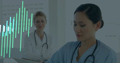 Asian nurse writing notes on clipboard with senior doctor and health data overlay