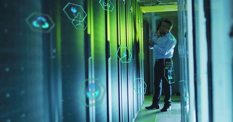 Professional Technician Calling in Data Center with Futuristic Icons