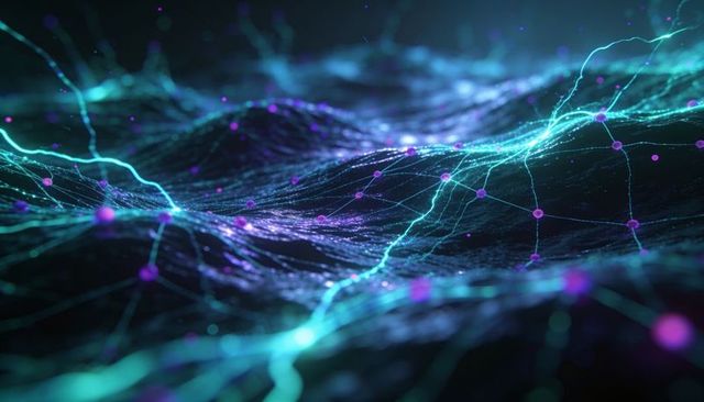 Pulsing neon network mesh waving across data landscape with cyan threads and violet nodes